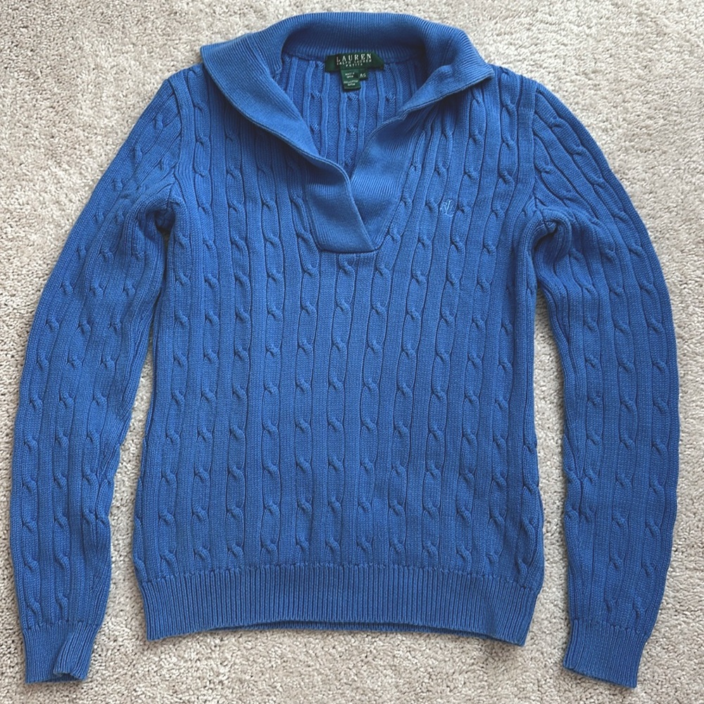 Lauren by Ralph Lauren Petite cable knit sweater in a cobalt blue colour